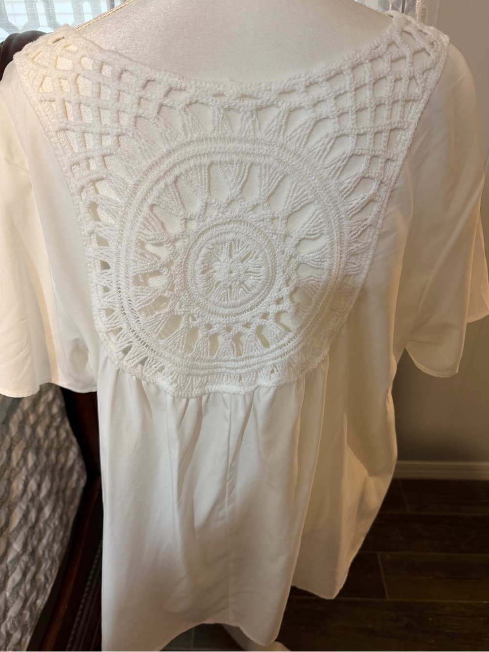 SHEIN white  V-Neck Short Sleeve Top with Back Crochet